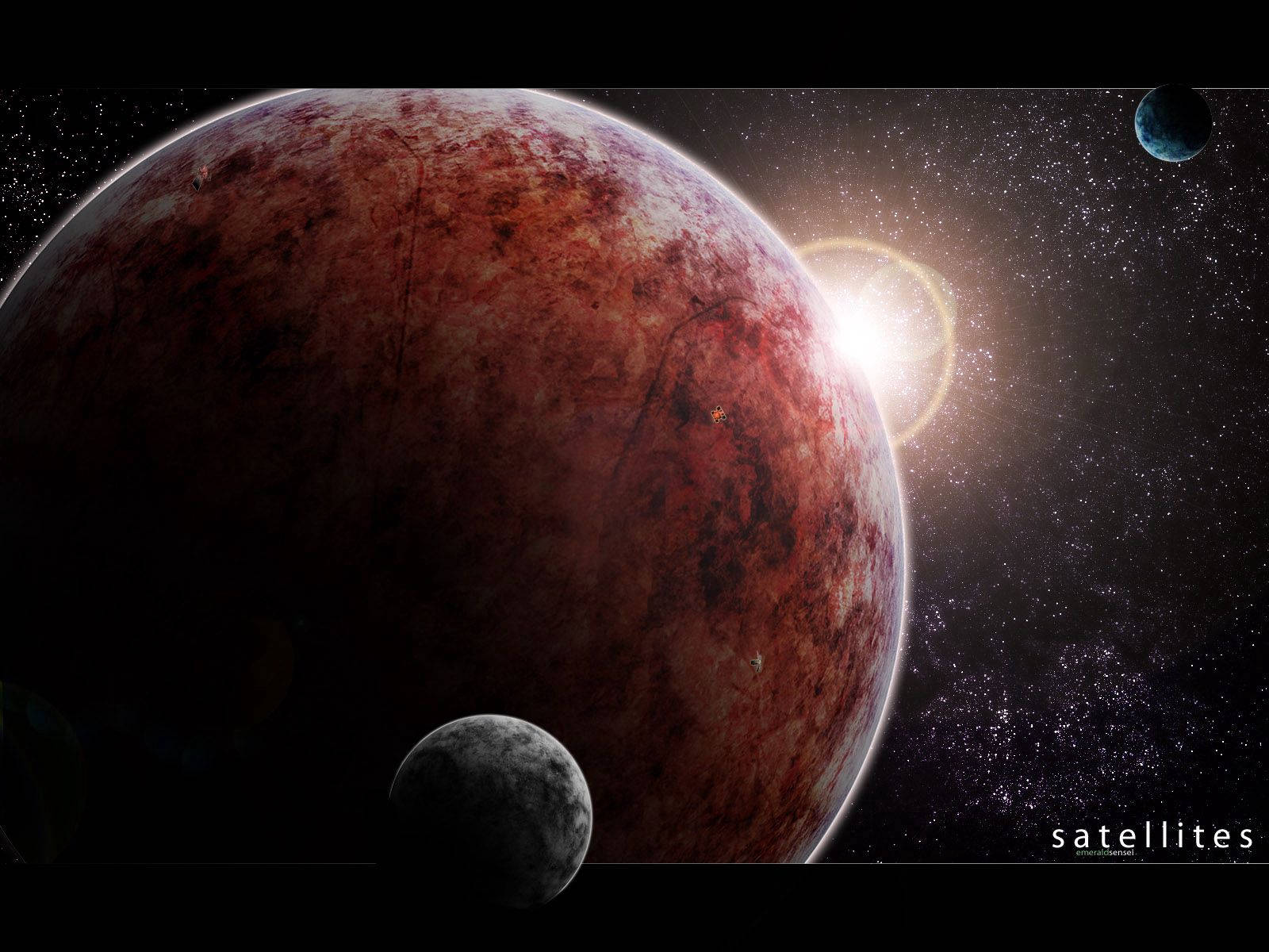 太空中的紅色行星、衛星和星星