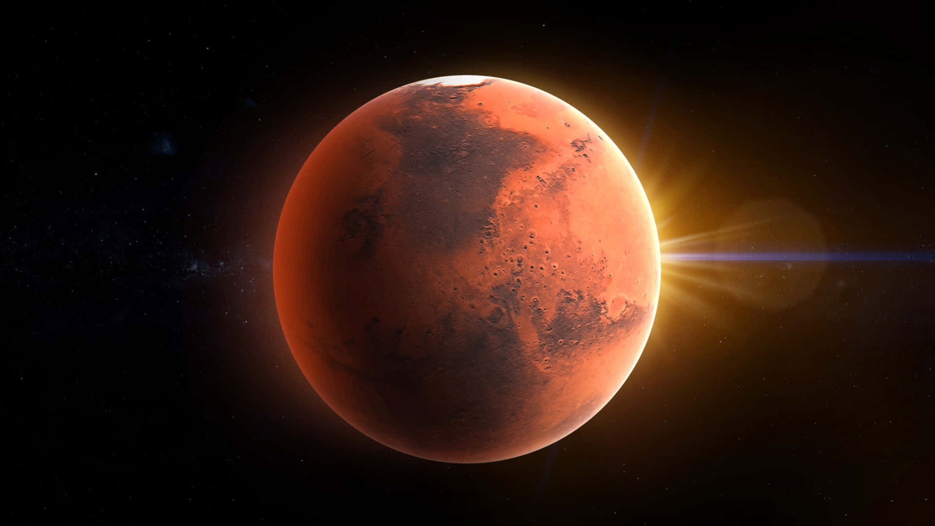 在深空中被明亮太陽耀斑照亮的紅色火星。