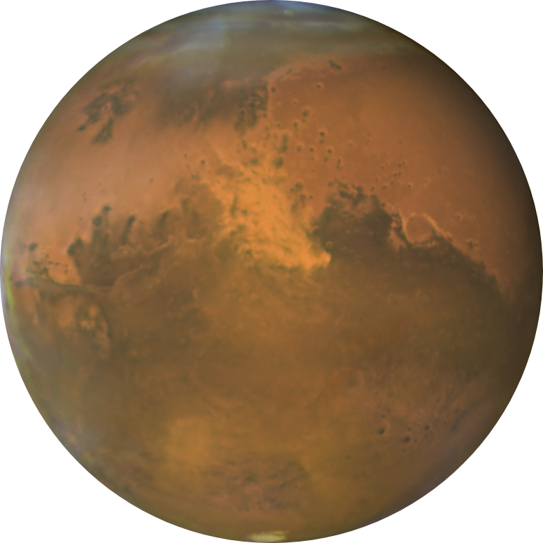 火星行星肖像 壁紙 — 火星的鮮明景象，展示其鏽橙色表面，帶有暗斑和極地冰蓋，背景是黑色的太空虛空。