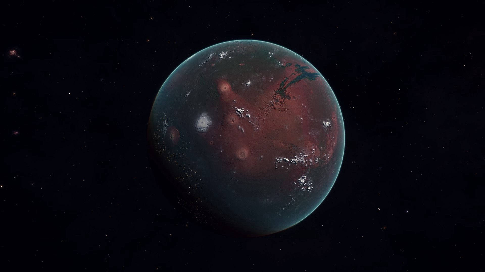 深空中一顆帶有冰蓋和雲層的紅色外星行星。