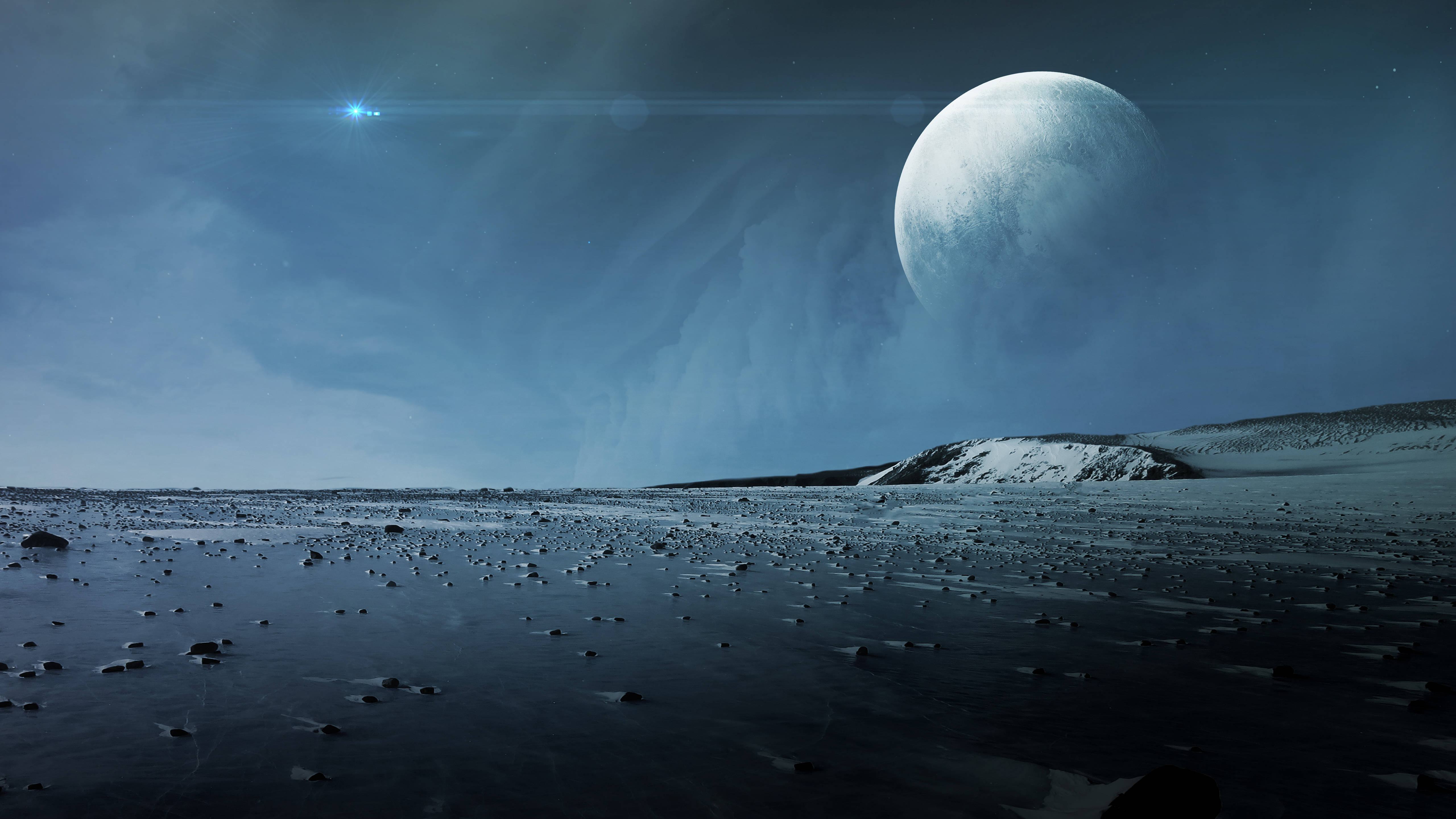 火星車視角下的冥王星 壁紙 — 廣闊的冰凍外星平原，上方懸掛著巨大的發光月亮，遠處的星星產生鏡頭光暈。