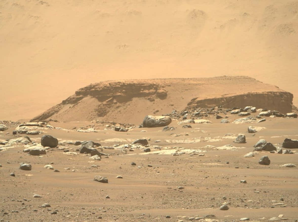 火星軌道器拍攝的火星表面近距離影像 壁紙 — 一片荒涼的火星景觀，散落著岩石，遠處有山脊，天空朦朧橙色。