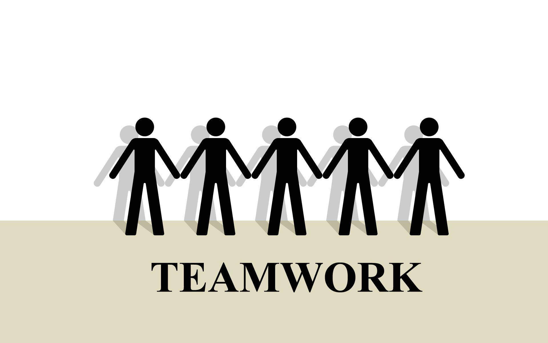 五個火柴人手牽手，下方有「teamwork」一詞。