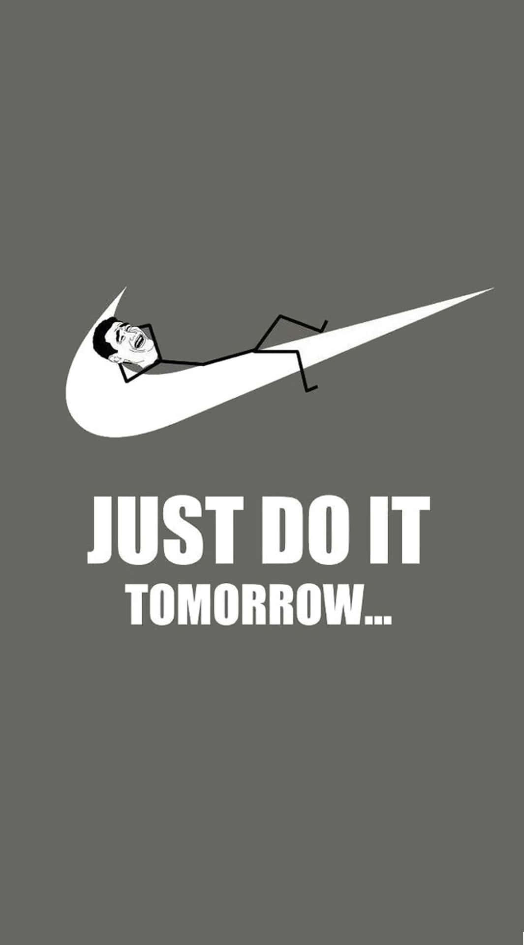 卡通男人躺喺Nike剔號入面，有文字just do it tomorrow。