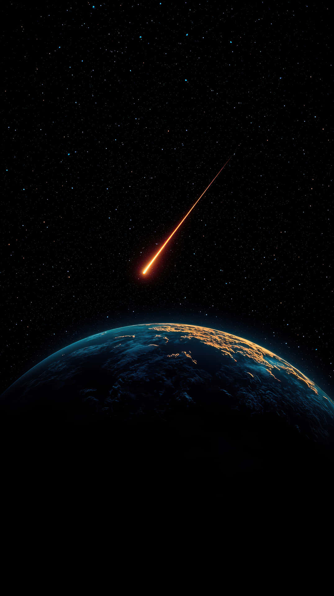 一顆明亮的橙色流星在繁星點點的黑色夜空背景下，在彎曲的藍色地球上方留下一道軌跡。