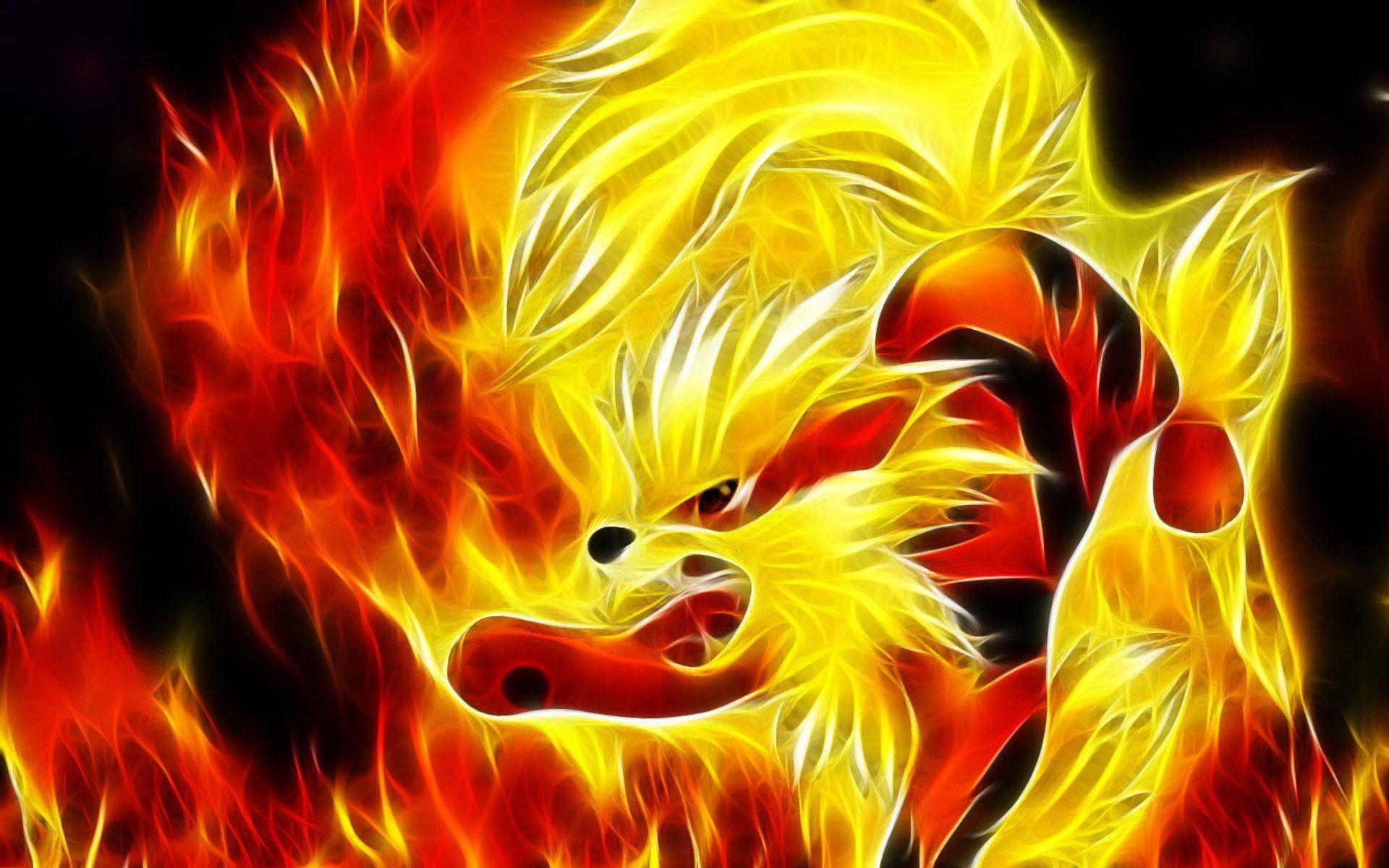 一個由火焰製成的火熱狐狸生物，帶有發光的眼睛。