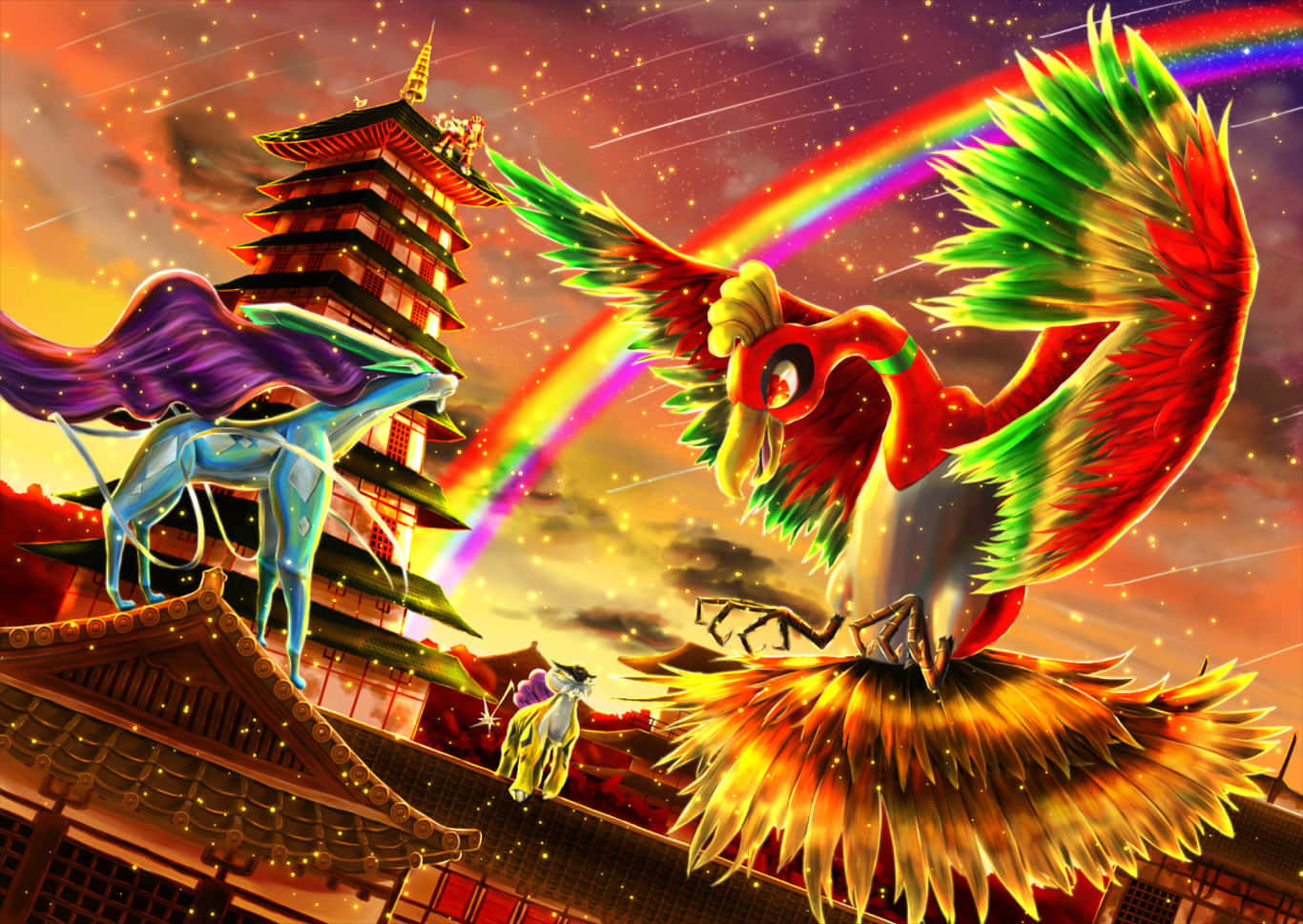 一隻紅色鳳凰和一條藍色龍在天空中有彩虹的日本寶塔上空飛翔。