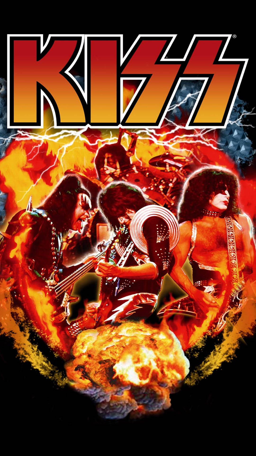 KISS 樂隊表演時伴有熾熱爆炸和閃電效果。