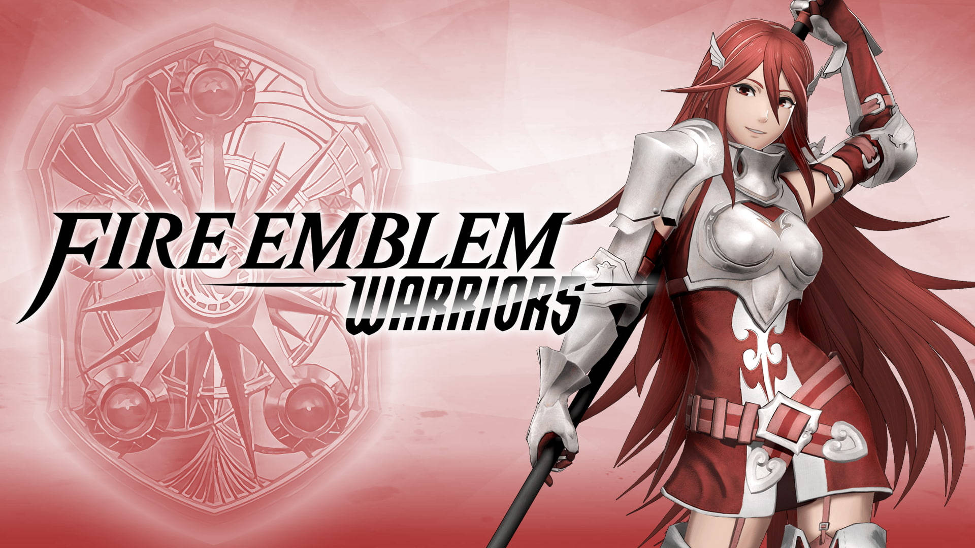 身穿紅銀盔甲的動漫戰士手持長矛，帶有 Fire Emblem Warriors 標誌。
