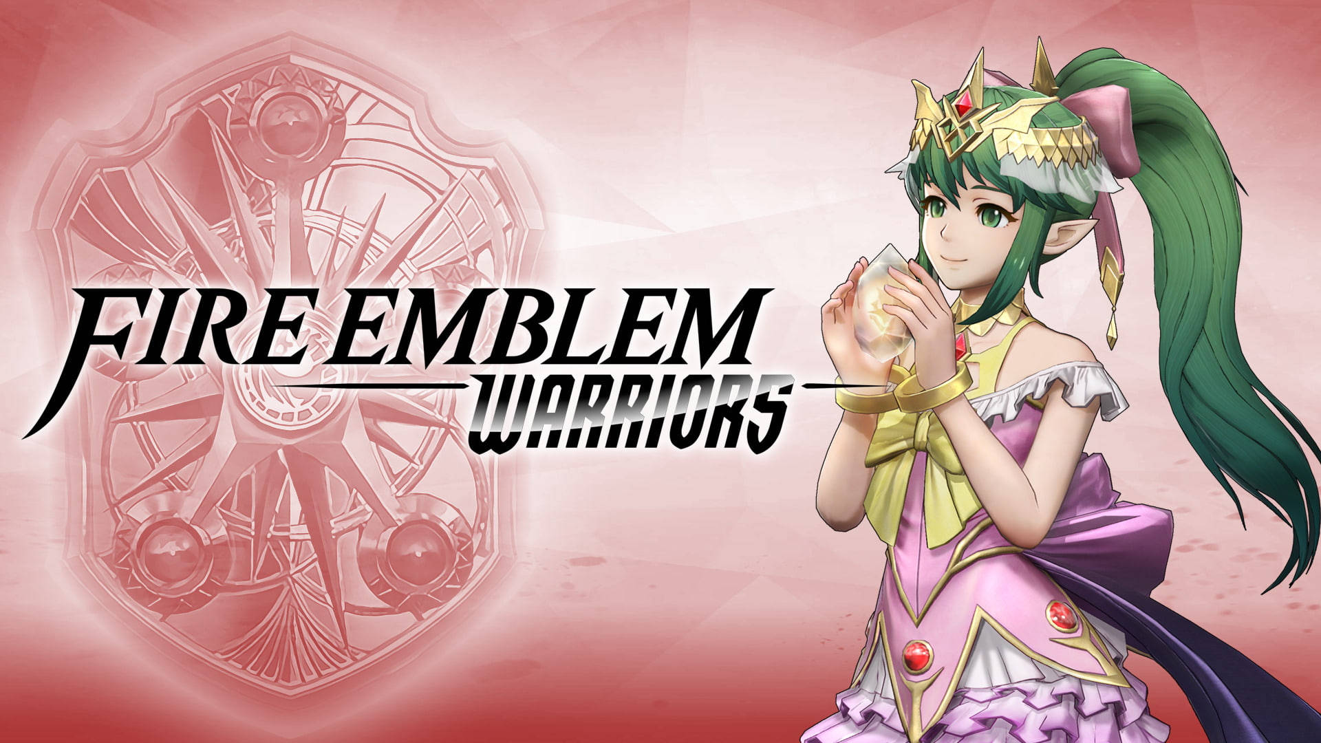 動畫精靈戰士身穿粉紅盔甲，手持發光球體，站在Fire Emblem Warriors標誌旁。