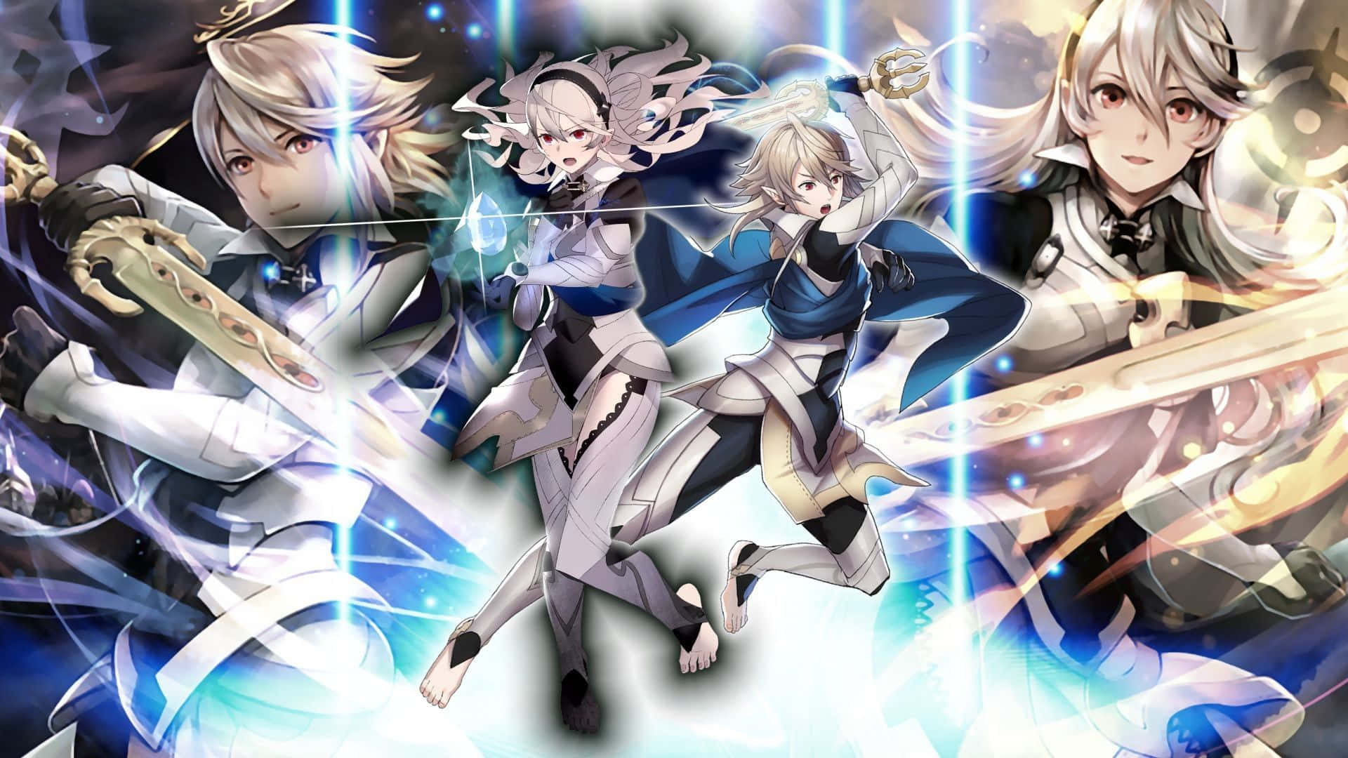 《火焰之紋章：風花雪月》中的角色 壁紙 — 四個動漫角色以動感戰鬥姿勢揮舞發光劍，背景是充滿活力的藍白能量。