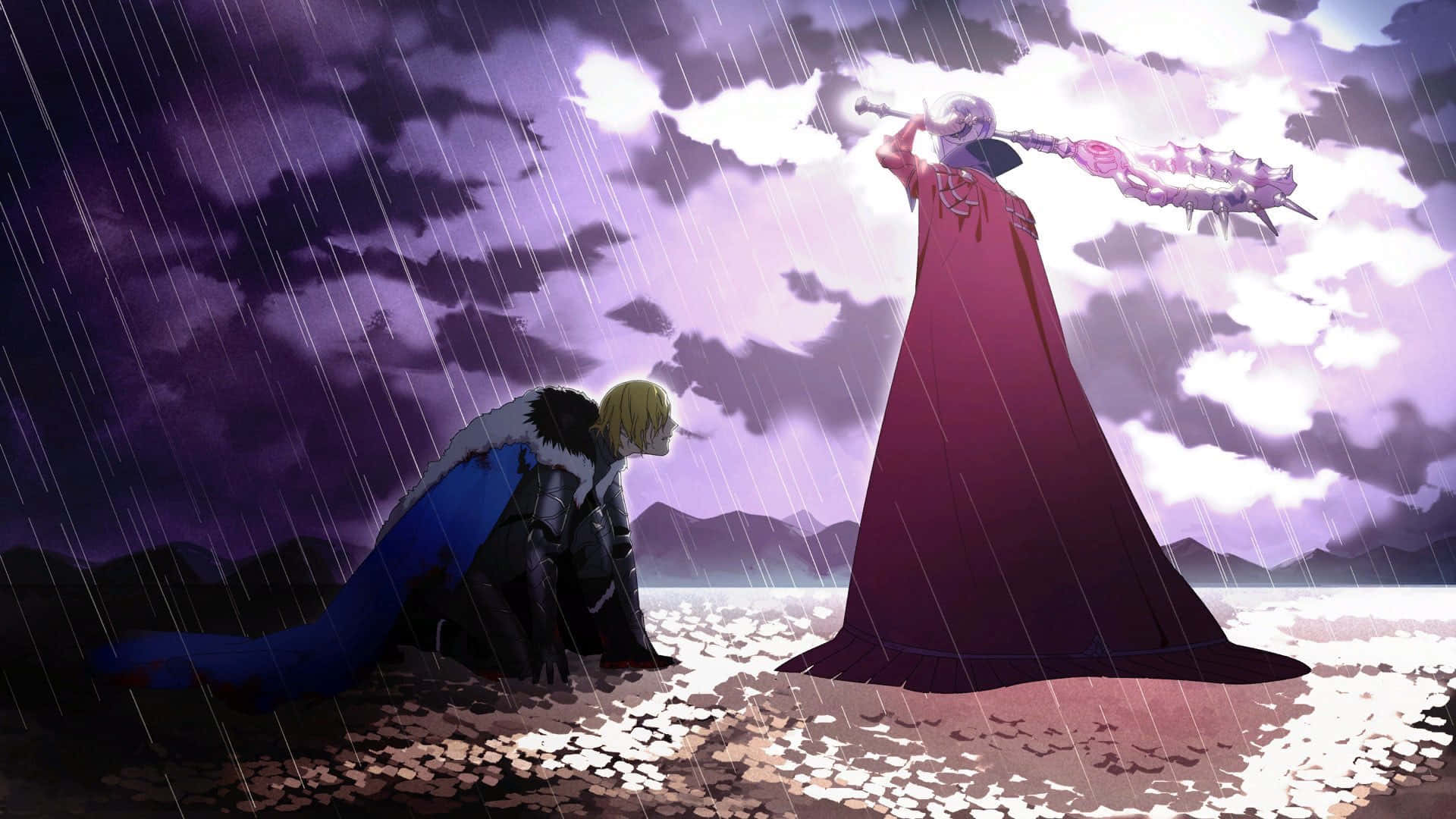 《火焰之紋章：風花雪月》中的黑鷹學院領袖 Byleth，挑戰高難度戰鬥 壁紙 — 兩個動漫人物站在暴風雨中，一個跪著，另一個在紫色雨下握著發光的武器。
