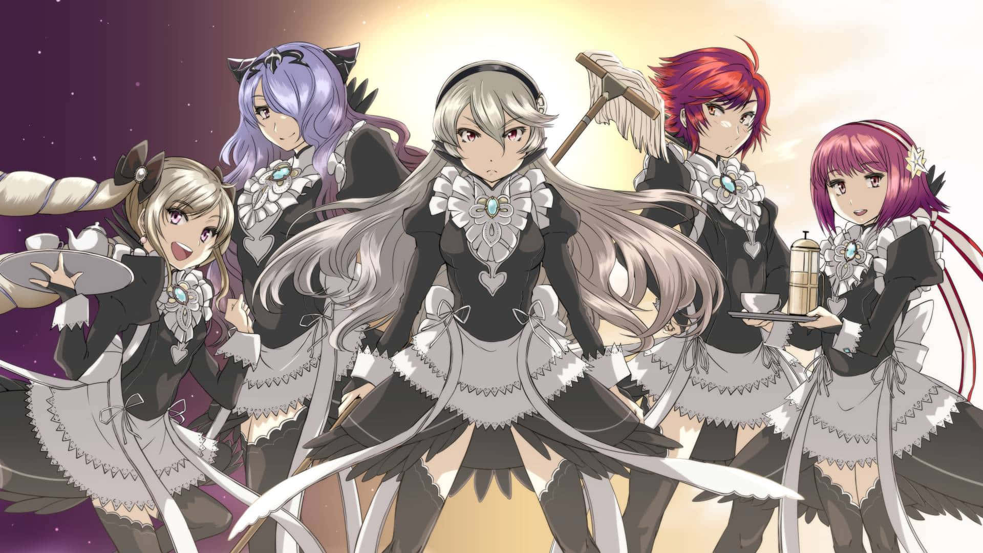 《火焰之紋章：風花雪月》女英雄穿女僕裝 壁紙 — 五個擁有彩色頭髮和奇幻翅膀的動漫女僕角色在星空暮色天空下自信地擺姿勢。