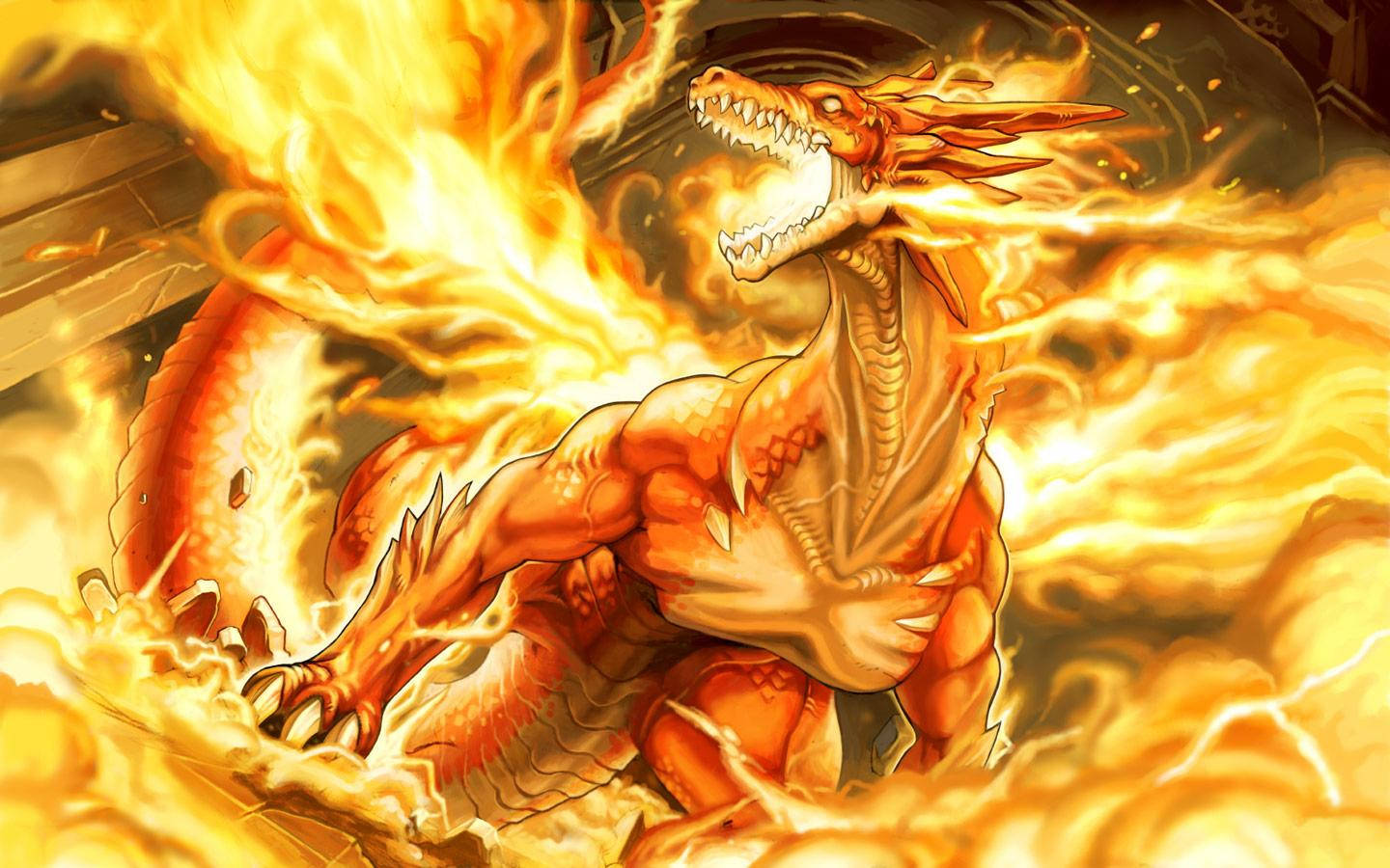 《火焰之紋章：風花雪月》幻想火 Anime 龍 壁紙 — 一頭火橙色的龍在旋轉的火焰中咆哮，呈現出動態的數位插圖。