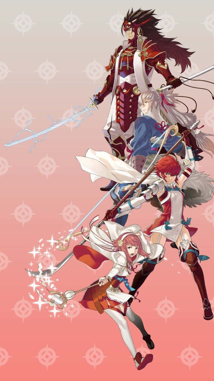 《火焰之紋章：風花雪月》手機壁紙 壁紙 — 四位動漫戰士以動態姿勢揮舞劍與魔法，背景為柔和的粉紅色漸變，帶有重複符號。