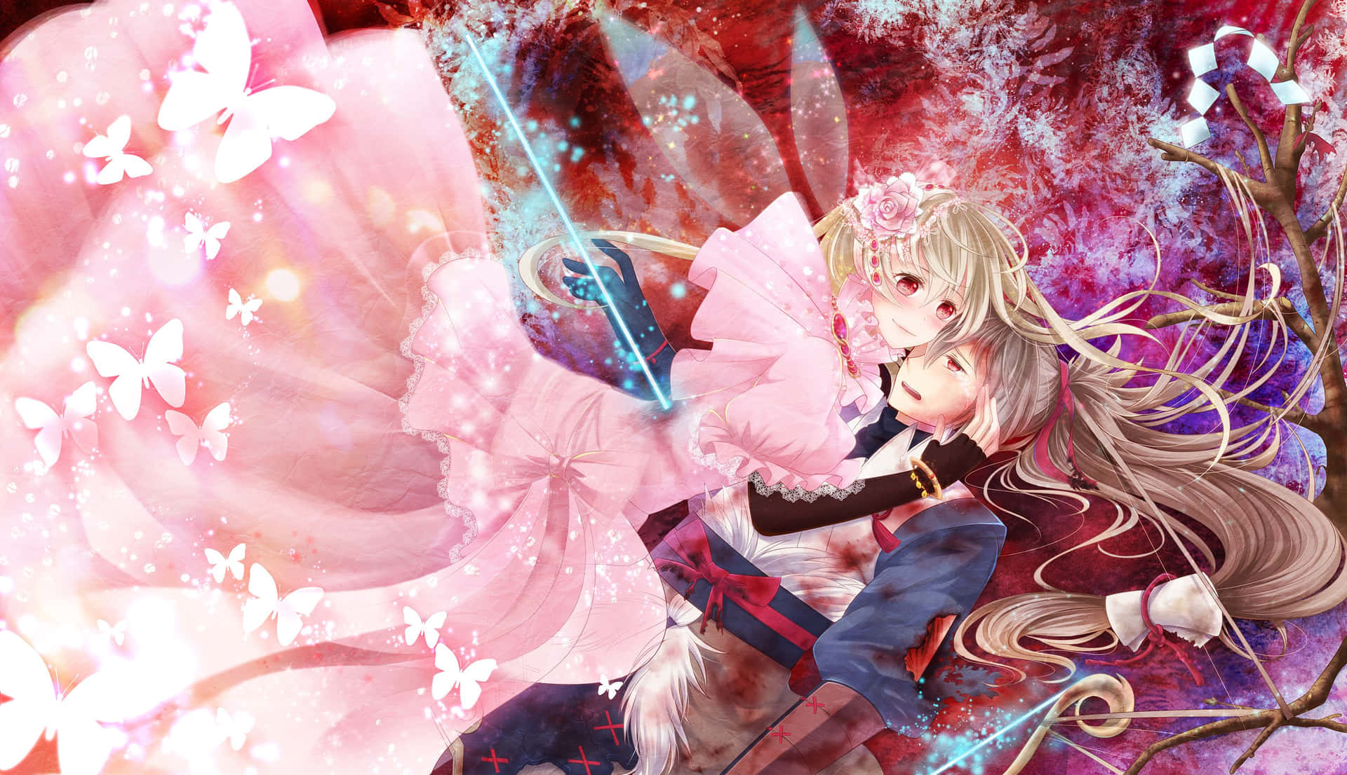《火焰之紋章：風花雪月》浪漫主題 壁紙 — 一位金髮動漫女孩穿著粉紅色連衣裙，在鮮紅和紫色背景前，被白色蝴蝶環繞，手持發光的劍。