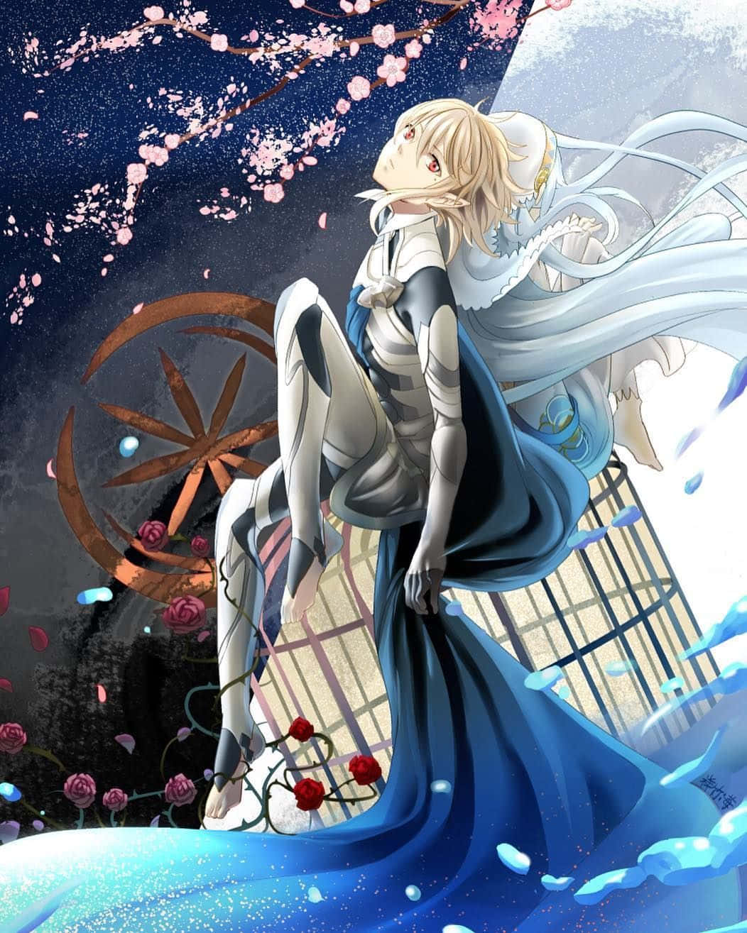 《火焰之紋章：風花雪月》科琳（女版） 壁紙 — 一位金髮動漫女孩穿著飄逸的藍白連衣裙，在繁星點點的夜空下，優雅地坐在飄落的櫻花和紅玫瑰之中。