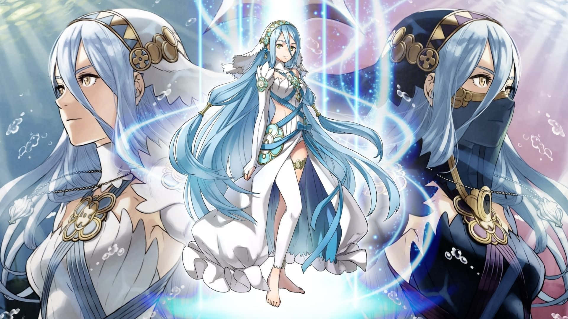 《火焰之紋章：風花雪月》阿祖拉的服裝 壁紙 — 三個動漫風格女性角色，長長藍色頭髮，華麗服飾，站在發光魔法能量和漂浮泡泡之中。