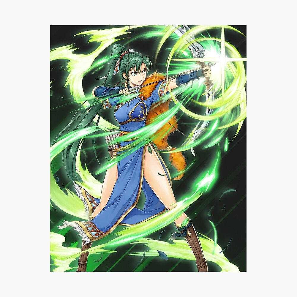 動漫女弓箭手發射發光綠色箭矢，披著毛皮斗篷和藍色服裝。