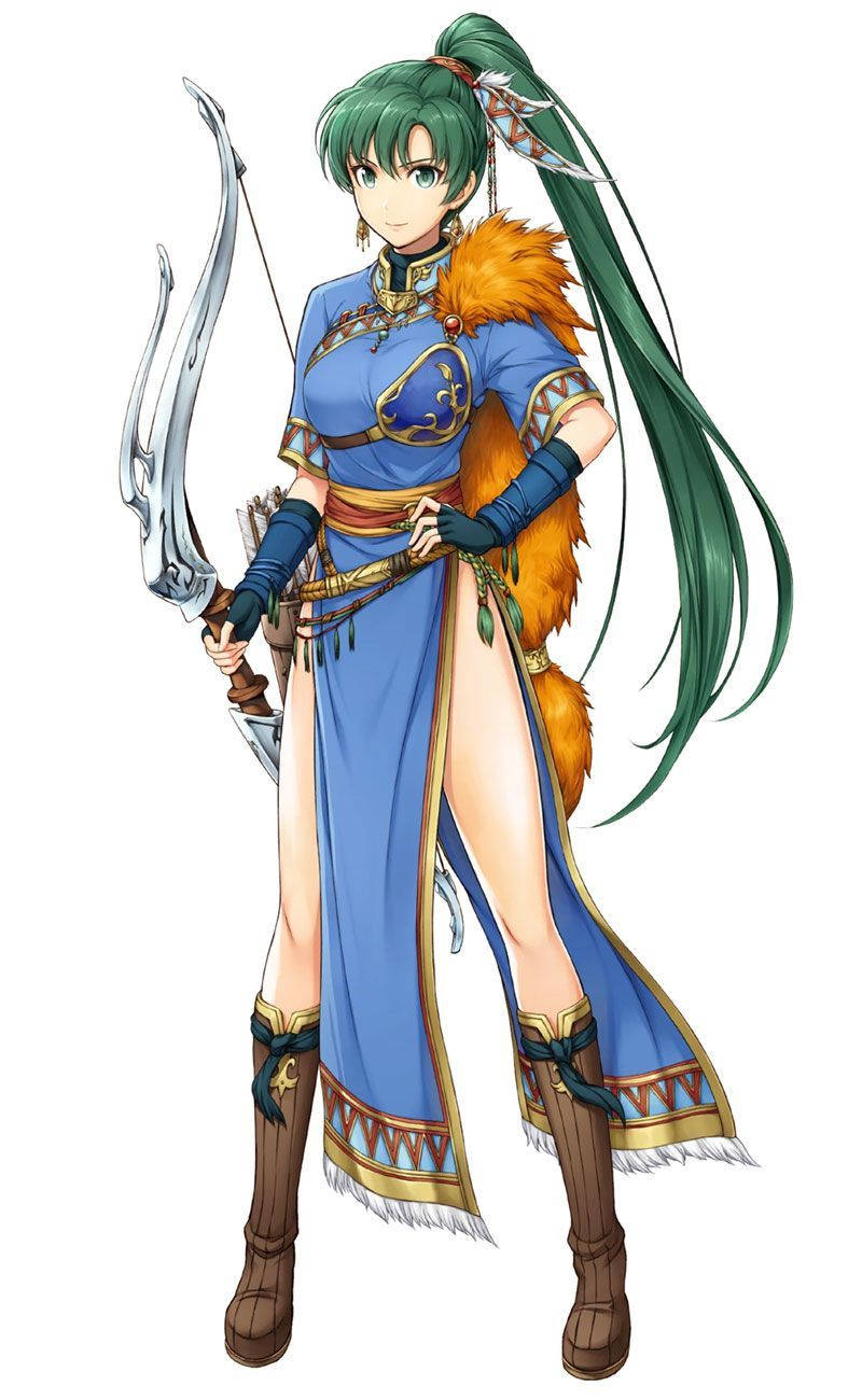 動漫女弓箭手，身穿藍色鎧甲，綠髮，橙色毛邊，手持彎刀。