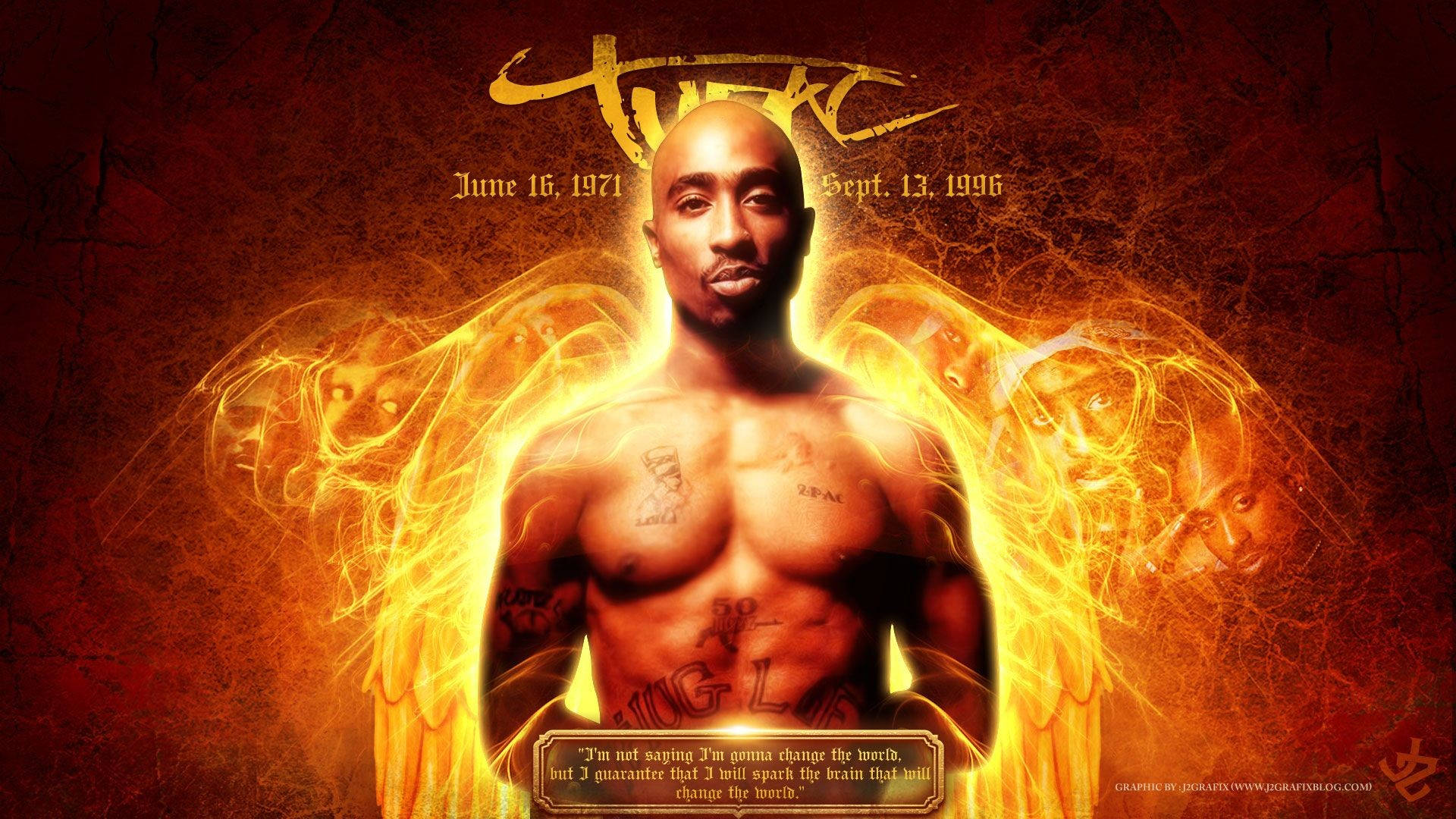 火焰天使2Pac紅色背景 壁紙 — Tupac Shakur 赤裸上身，背後有發光的金色翅膀和幽靈般的面孔，背景是火紅色的。