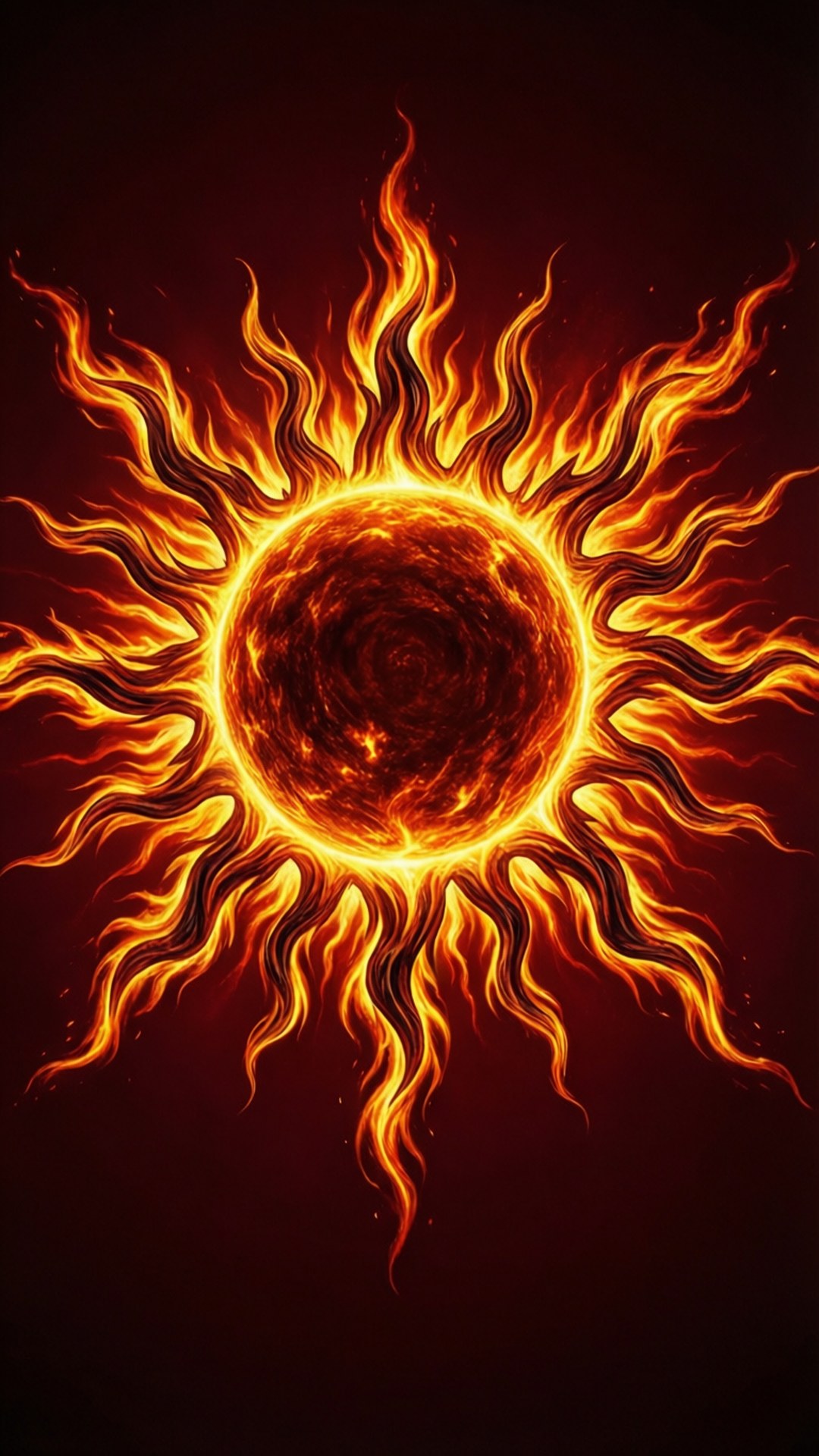 火焰太陽輪廓 壁紙 — 一輪熾熱的太陽，噴發出火熱的橙色和黃色光芒，映襯在深紅色的背景上。