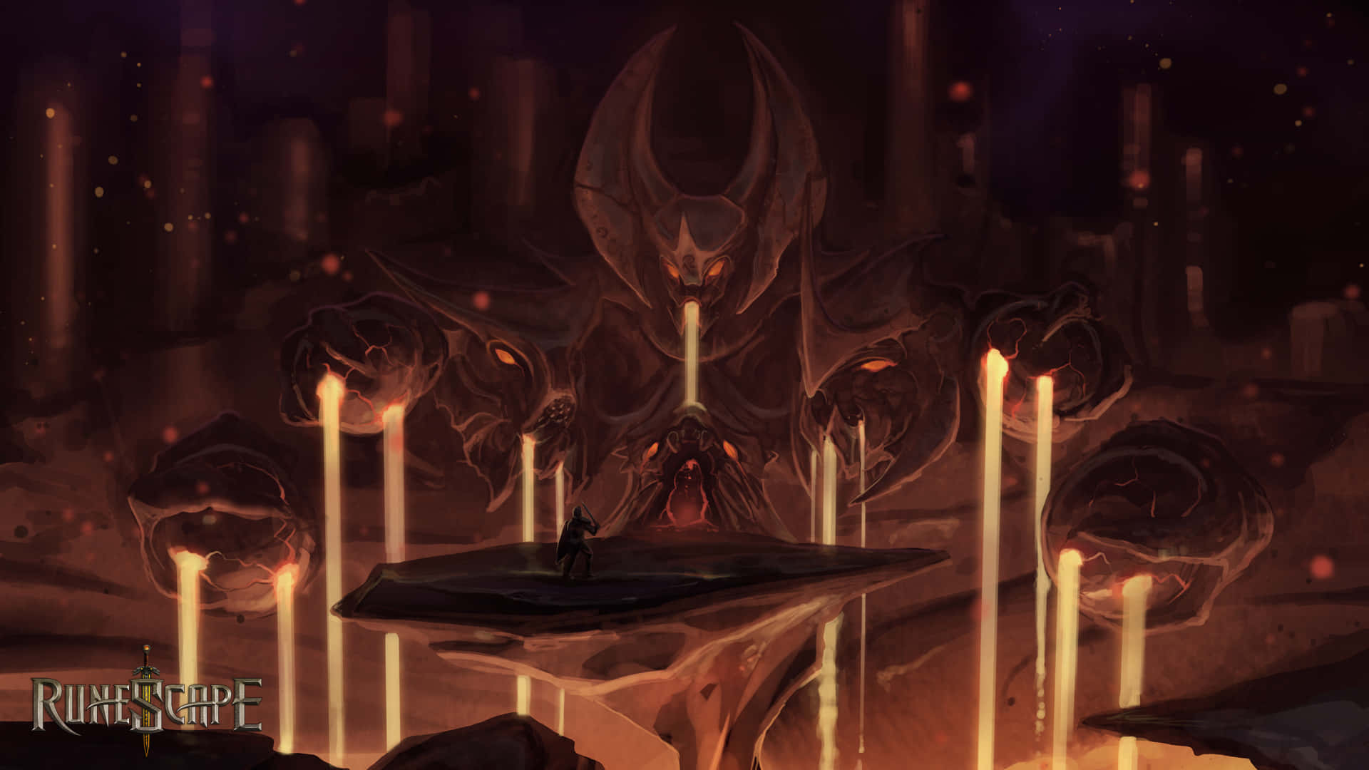 火焰從身後噴發的惡魔畫作 壁紙 — 一個孤獨的戰士站在一個黑暗洞穴中，面對一個巨大的惡魔實體，洞穴由發光的蠟燭照亮。