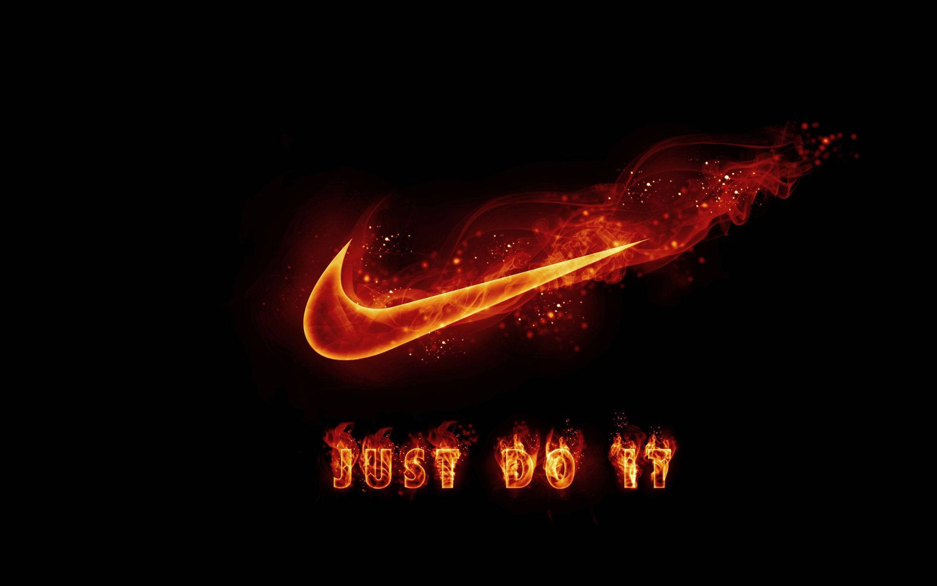 火焰耐克勾形標誌 壁紙 — 一個火熱的Nike剔號和「JUST DO IT」文字在黑色背景上發光，帶有餘燼和煙霧效果。