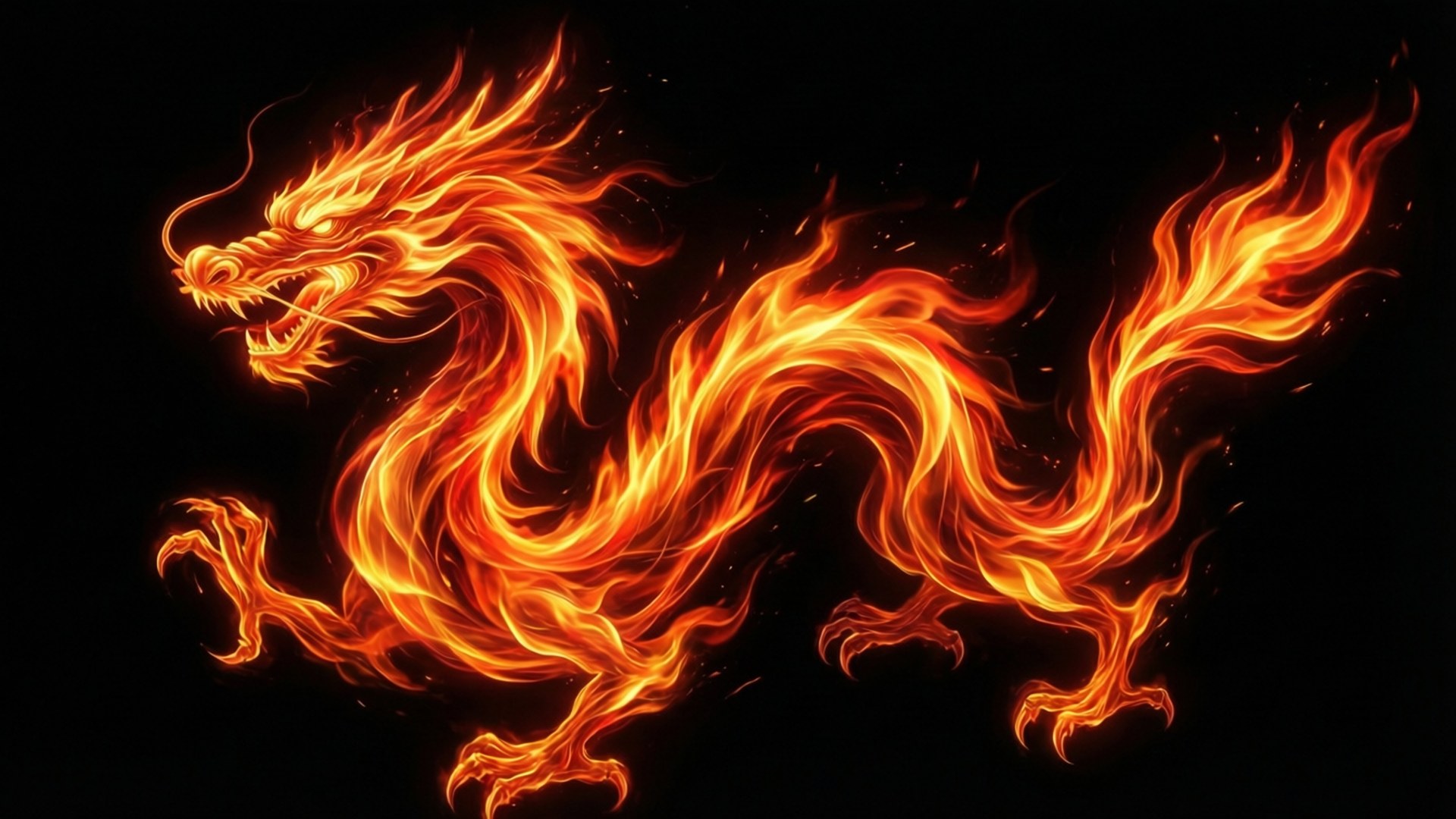 一頭由火焰組成的火龍，襯托在黑色背景上。