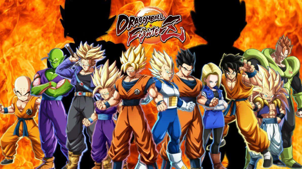 Dragon Ball Fighterz 桌布 壁紙 — 火熱的背景展示了《龍珠鬥士Z》的標誌性角色，擺出動態的戰鬥姿勢。