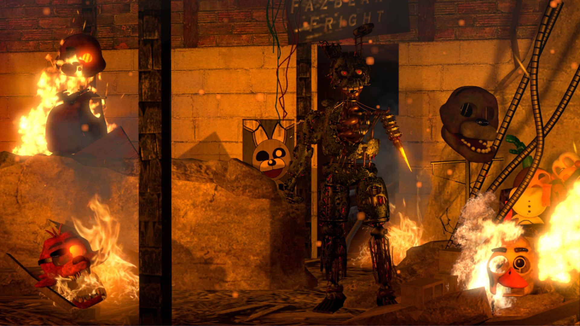 Fazbear Frights 桌布 壁紙 — 火熱的電子動畫角色在破舊的Freddy Fazbear's Pizza場景中，在橙色光芒下燃燒。