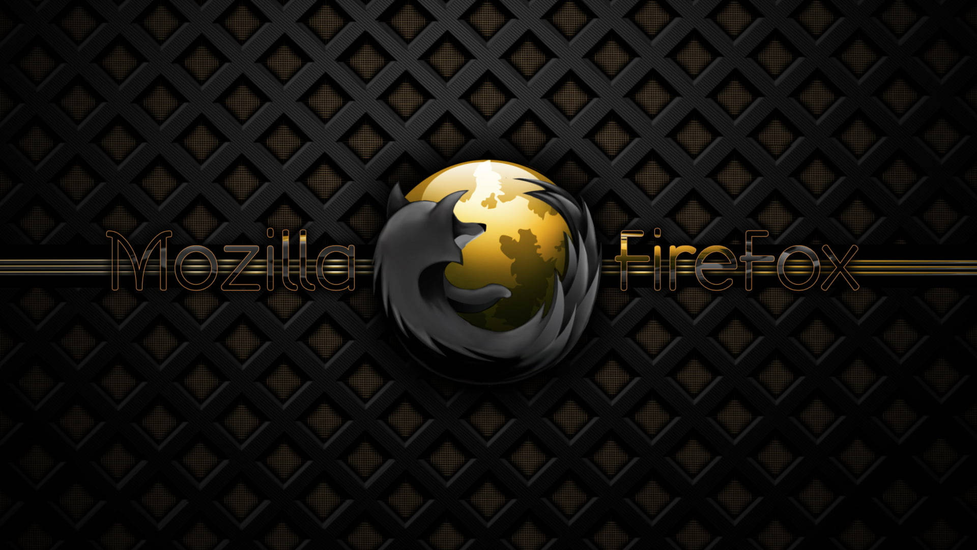 Firefox 瀏覽器標誌在黑色紋理背景上，帶有金色邊框。