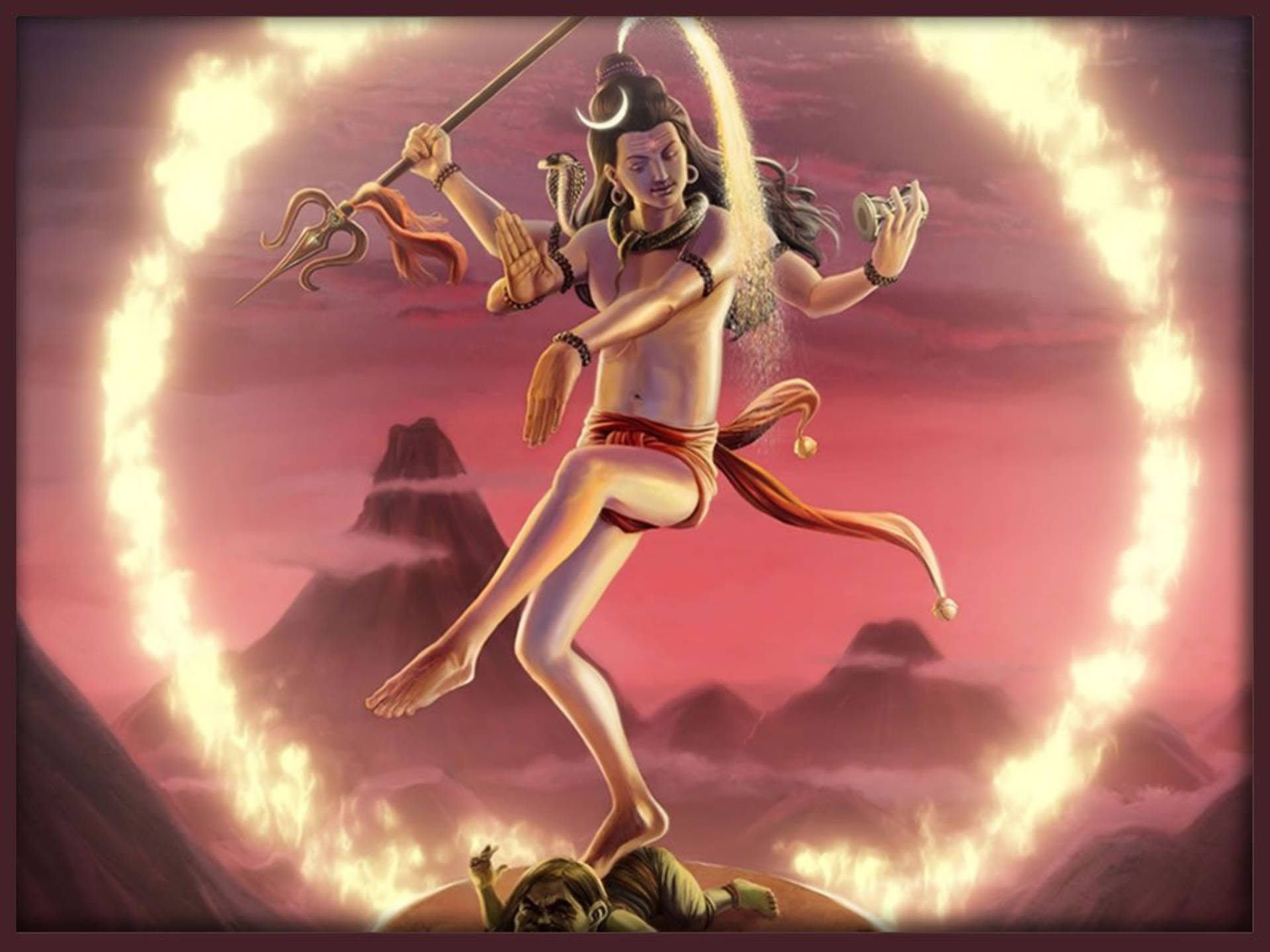 濕婆帶着火環在山脈上跳舞，擊敗惡魔。