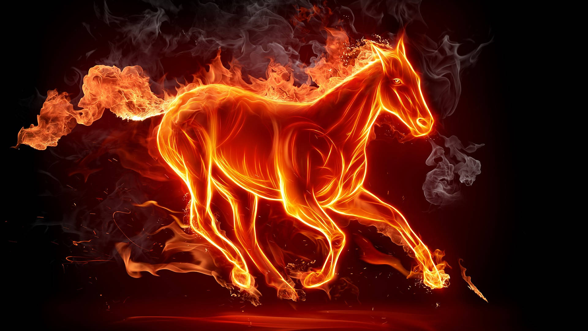 火神 HD 馬 壁紙 — 一匹火焰馬在黑暗背景中，伴隨著旋轉的橙色火焰和煙霧，動態奔騰。