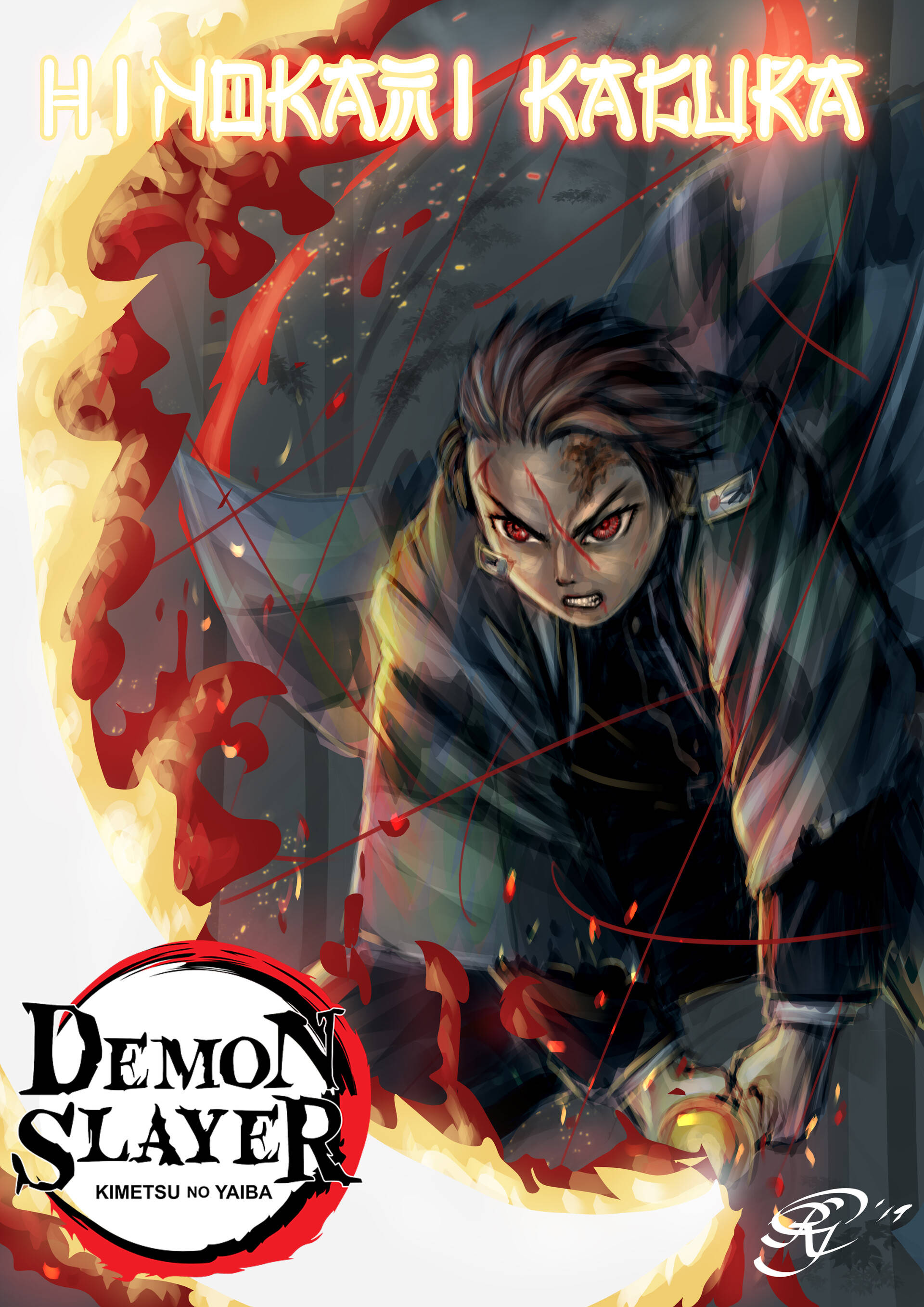 火神神樂海報 壁紙 — 一個兇猛的動漫惡魔殺手，紅眼血濺，在熾熱的背景前猛衝向前。