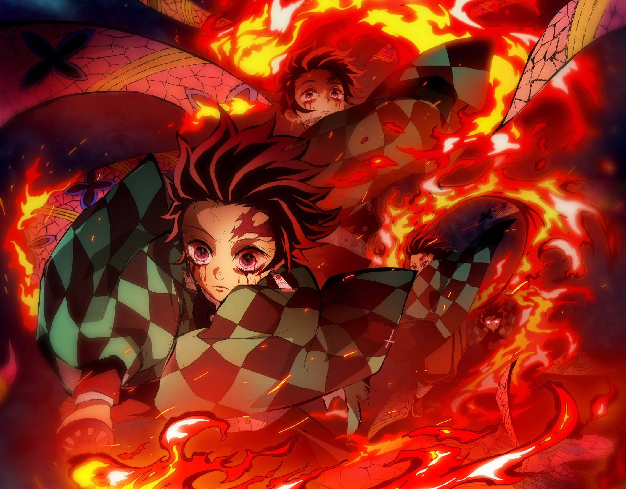 火神神樂烈焰 壁紙 — 一位火熱的動漫戰士，紅髮，身穿格仔和服，與一條被火焰吞噬的巨蛇戰鬥。