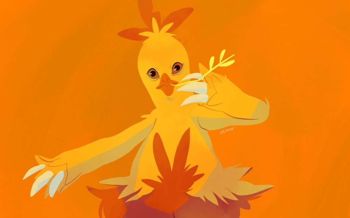 一隻快樂的卡通雞在橙色背景上拿著一枝多葉的樹枝。
