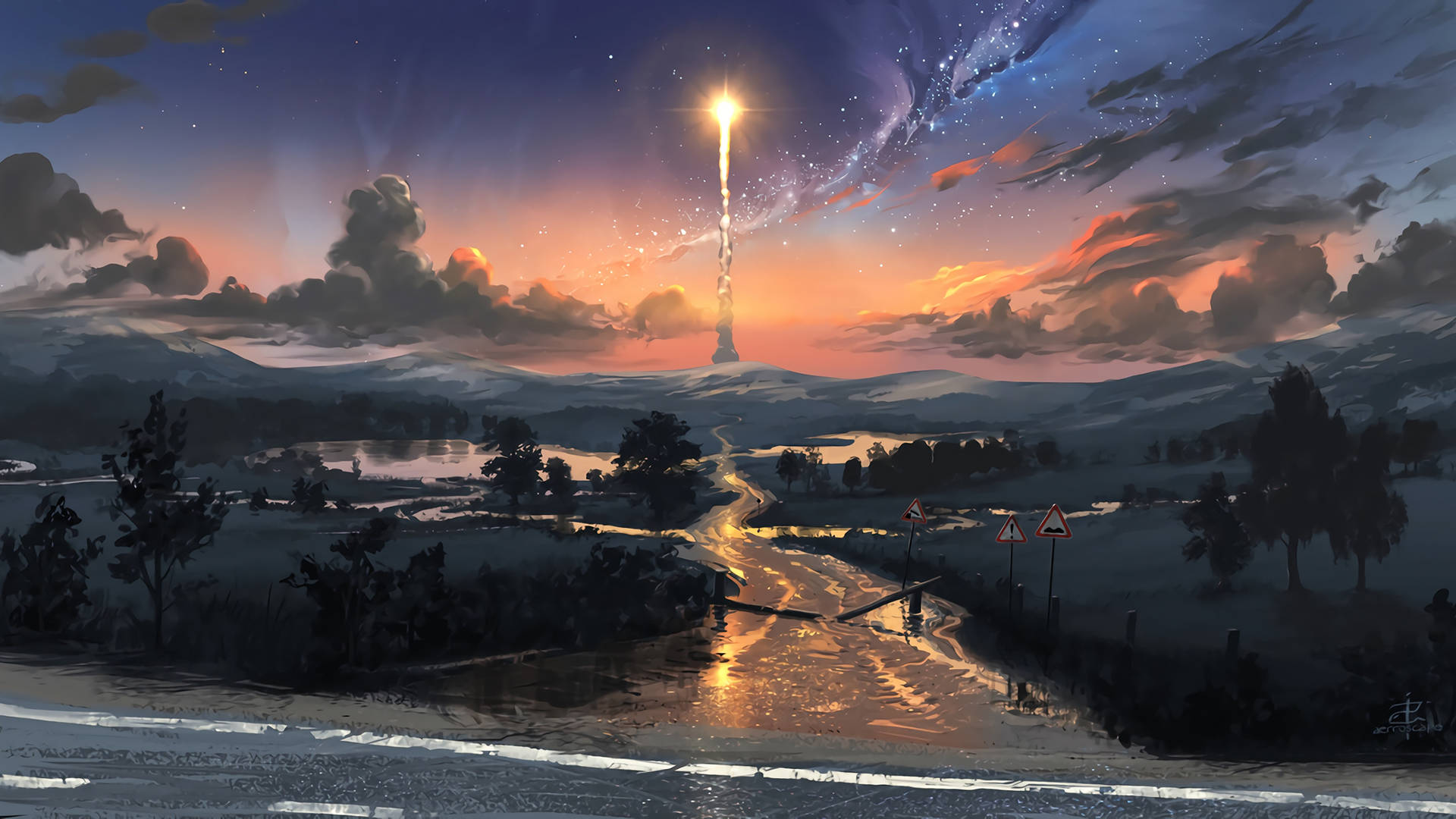 火箭升空於風景數位藝術 壁紙 — 一條蜿蜒的道路穿過霧氣瀰漫的山丘，通往一座發光的塔，刺破星光璀璨的暮色天空。