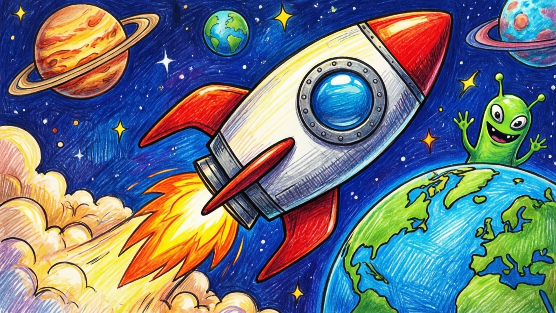 一架卡通火箭發射到太空，有一個綠色外星人從地球揮手。