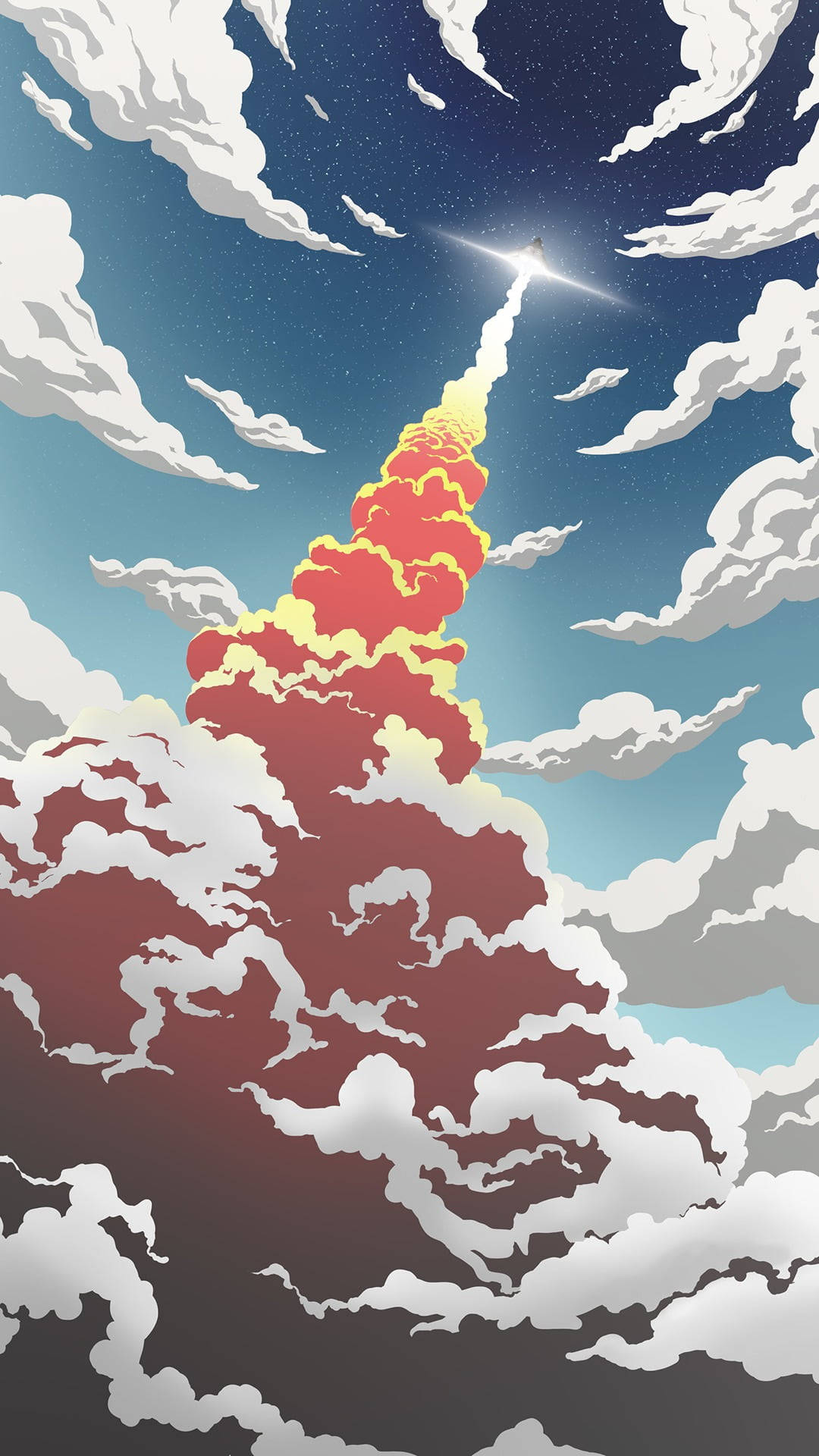 火箭發射肖像 壁紙 — 火箭穿過雲層上升，在繁星點點的夜空中留下火熱的痕跡。