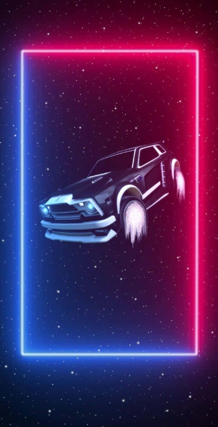 黑色跑車配備發光車輪，在螢光粉紅框內的星空中疾馳。