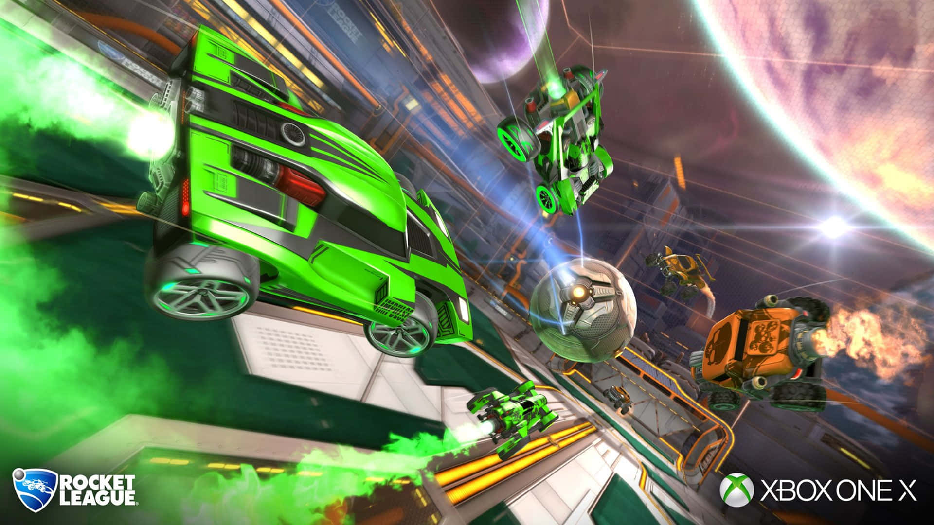 綠色火箭賽車在太空競技場中比賽，背景有行星。 — Xbox GIF 壁紙