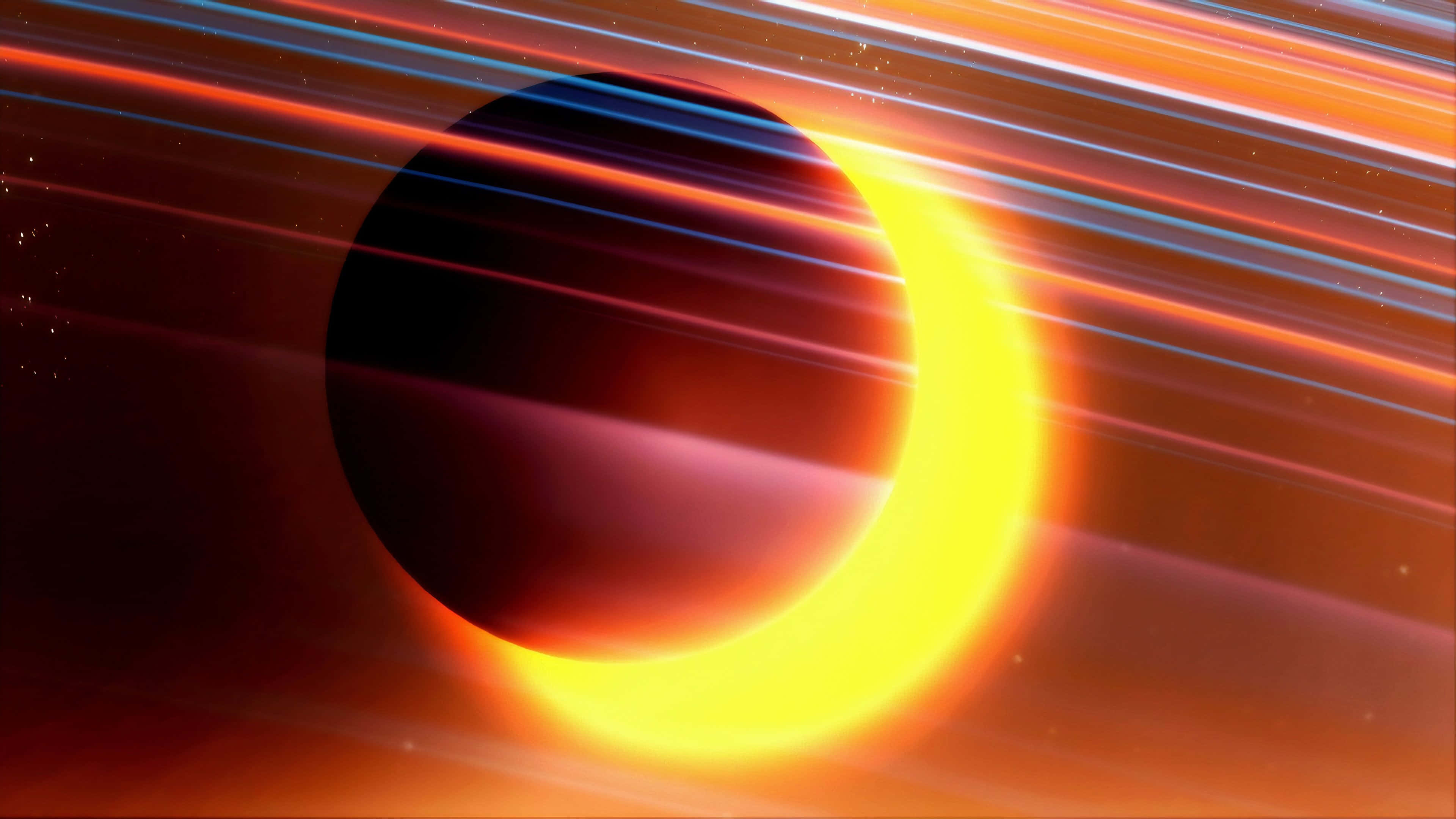 火箭聯賽 720p 月蝕背景 壁紙 — 一個天體日食，一顆黑暗行星在熾熱的彎月太陽前形成剪影，太陽帶有火橙色和電藍色的光線條紋。