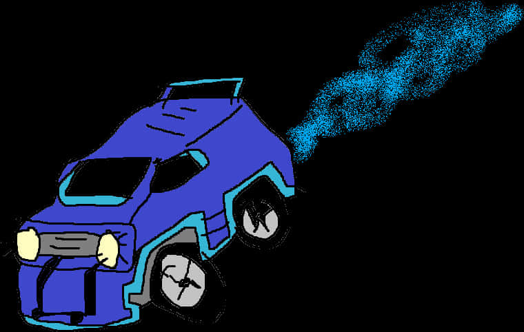 火箭聯賽加速車輛插畫 壁紙 — 一輛藍色卡通車，帶有發光頭燈和藍色排氣軌跡，在黑色背景上疾馳。