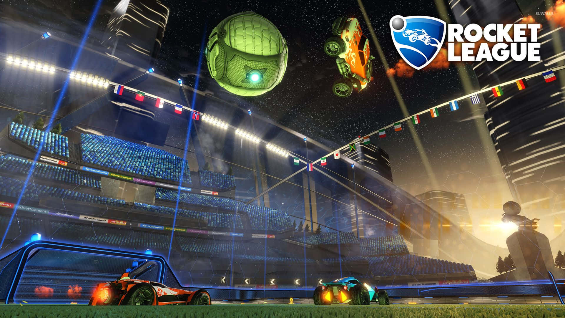 Rocket League遊戲場景，有車同波喺燈光照明嘅夜晚球場。