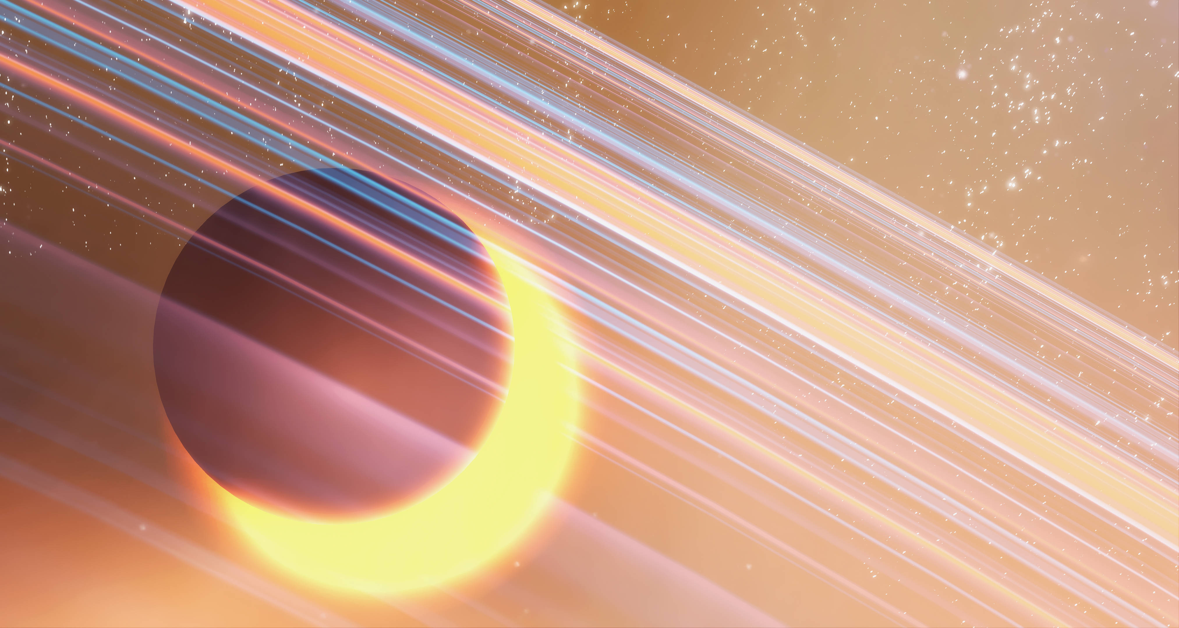 火箭聯賽月球 4K 壁紙 — 一顆發光的彎月太陽被一顆黑暗行星遮蔽，背景中有光線條紋和星星。