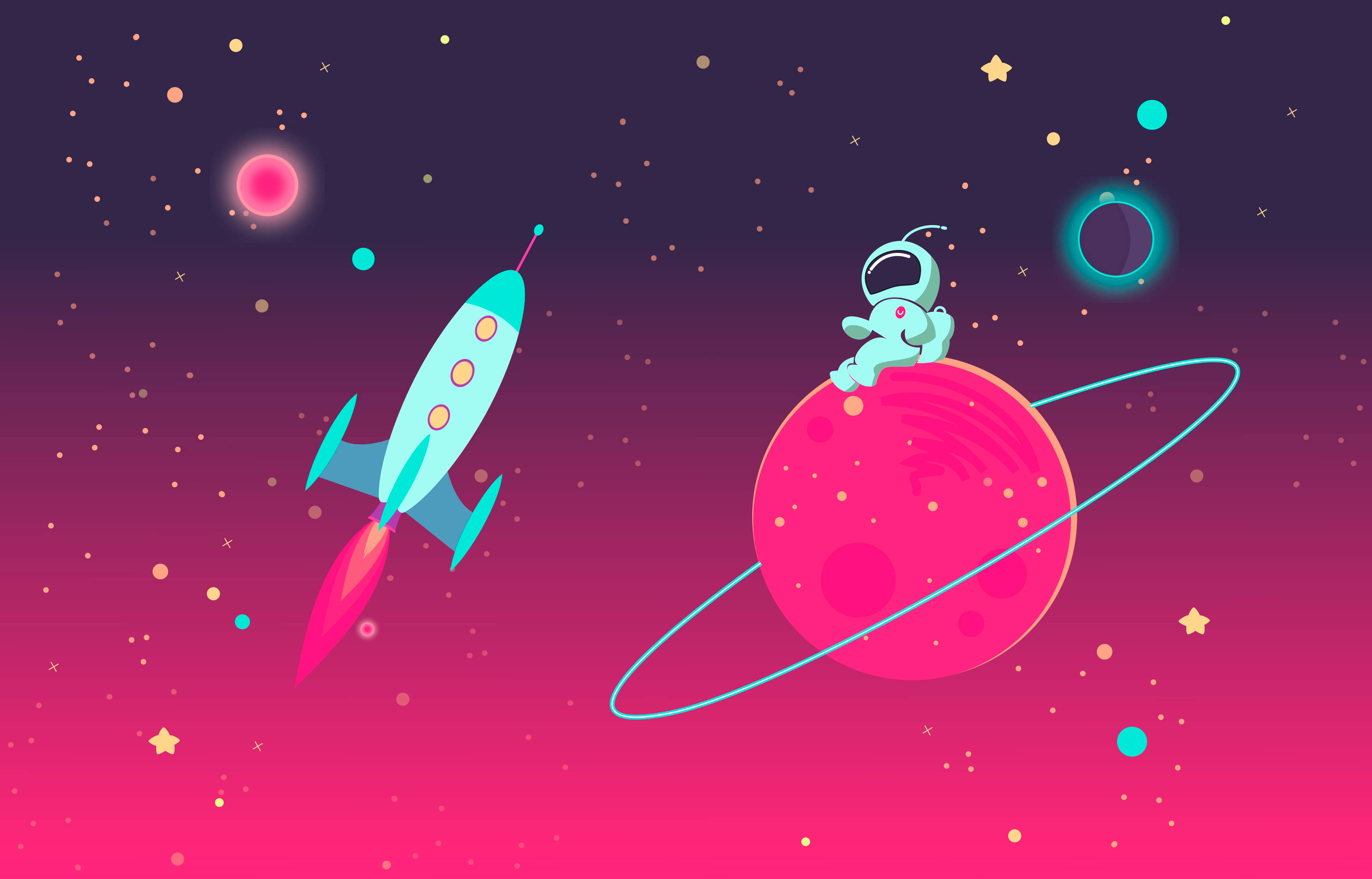 火箭與太空人 壁紙 — 一個卡通太空人坐在一個粉紅色有環的行星上，一枚火箭在充滿活力的宇宙場景中飛過。