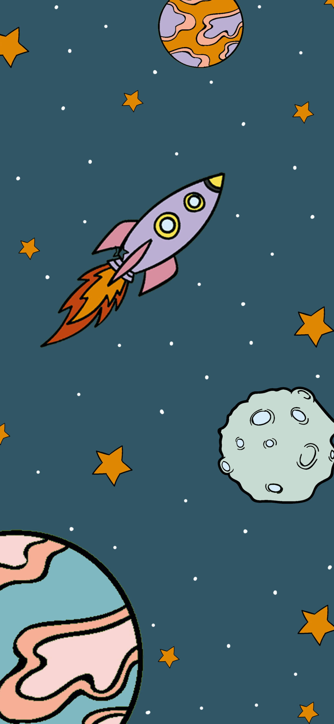 火箭與星星的宇宙 壁紙 — 一架帶有火焰尾巴的卡通火箭，穿過佈滿星星、行星和月球的太空場景。