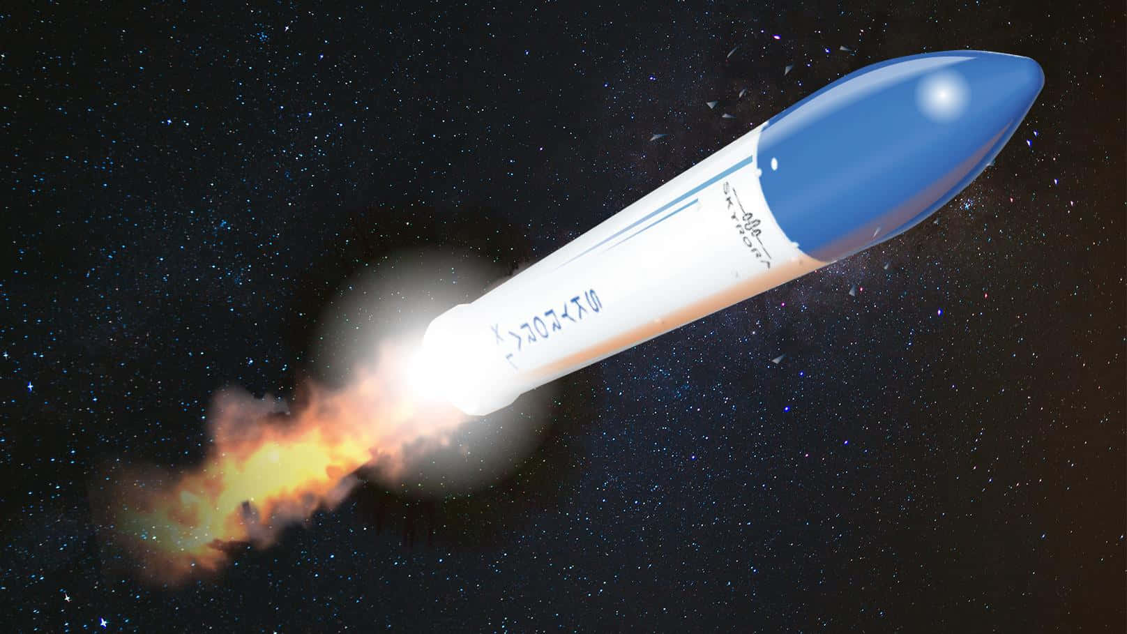 火箭船以創新科技噴射升空 壁紙 — 一枚藍白相間的火箭劃過繁星點點的夜空，留下一道熾熱的橙色軌跡。