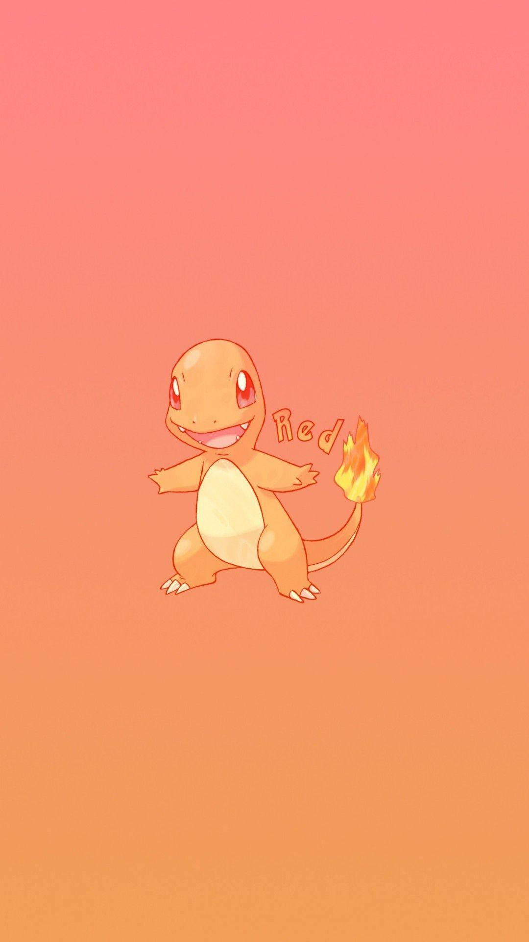 微笑的Charmander，尾巴有火焰，在蜜桃色漸變背景上。